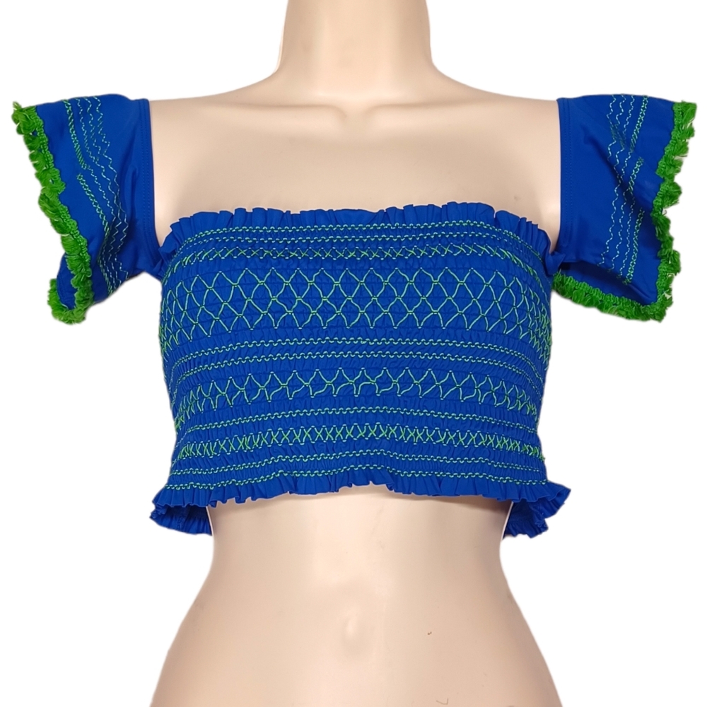 FEATHER II Green Embroidered Fringe Off The Shoulder Smocked Blue Top Large NWT